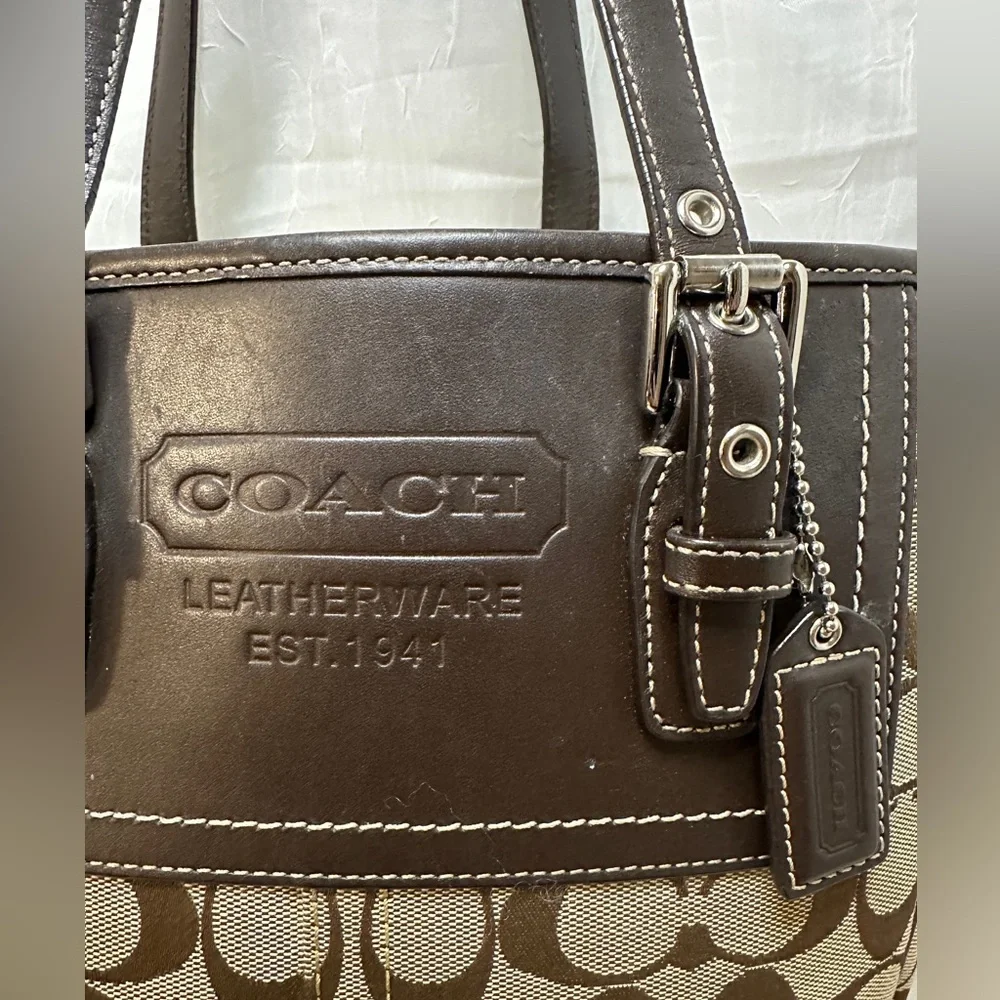 Coach Brown Signature Canvas Tote with Dark Brown Leather Trim